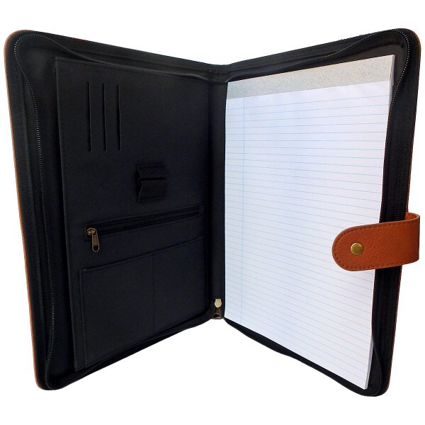 open zippered tan portfolio with snap closure and ruled paper pad